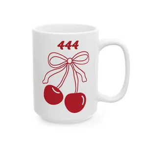 444 Angel Number Cherries Glossy Reusable Coffee Cup - Coquette Bow Kawaii Ceramic Mug, 11oz-15oz White Kitchenware Drinkware (Washable, Reuse-Friendly)