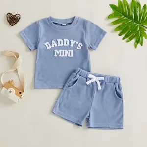 Toddler Baby Boys Summer 2 Piece Outfits Daddy's Mini Short Sleeve Letter Embroidery Waffle Tops T shirt and Shorts Clothes Set