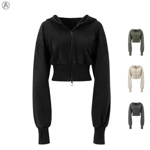 Arssm Women’s Cropped Zip-Up Hoodie – Washed Long Sleeve Hooded Sweatshirt Crop Top for Workout, Casual Streetwear & Fall Outfits