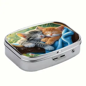 Cute Sleeping Kitten Pill Case with Mirror, 2-Compartment Portable Durable Healthcare Plastics Pill Organizer, Decorative Travel Pill Box for Cats & Women