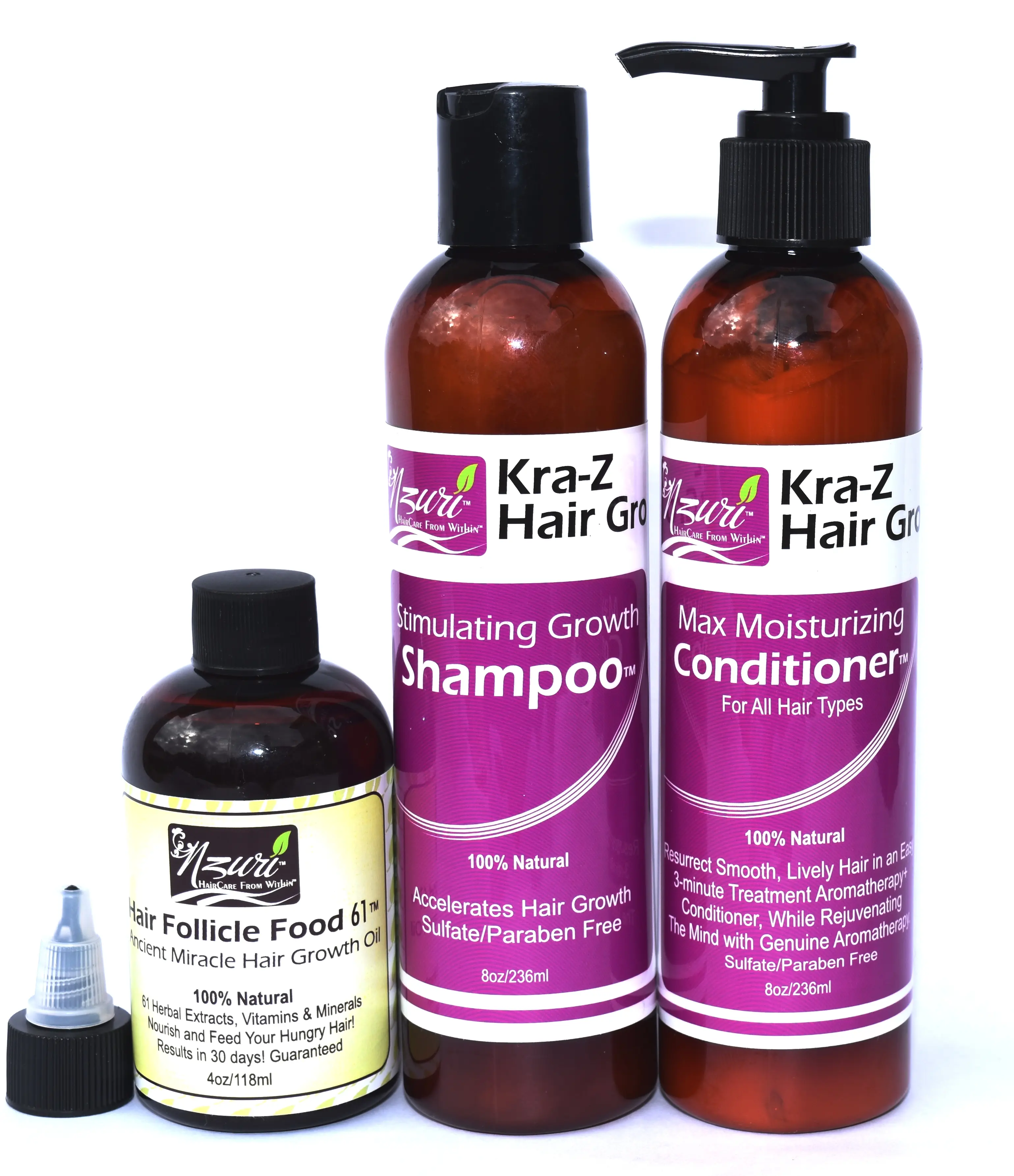 Nzuri Kra-Z Hair Gro Shampoo & Conditioner Combo 8oz Each with Hair Follicle Food & 61 Ancient Miracle Hair Growth Oil 4oz for Healthy Faster Growth
