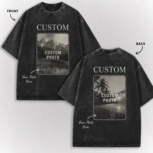 Custom Photo Acid Wash T Shirt Front And Back Personalized Graphic Top Custom Text Vintage Bootleg Casual Oversized Soft Cotton Tee Ideal Gift For Men Women Daily Wear Party Holiday Fashion Outfit