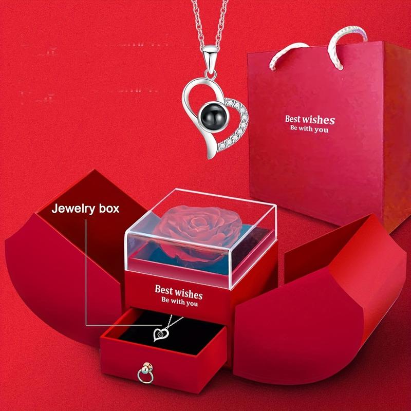 100 Languages Heart Shaped Preserved Rose I Love You Necklace for Mom, Wife, Girlfriend on Mothers Day, Valentines Day