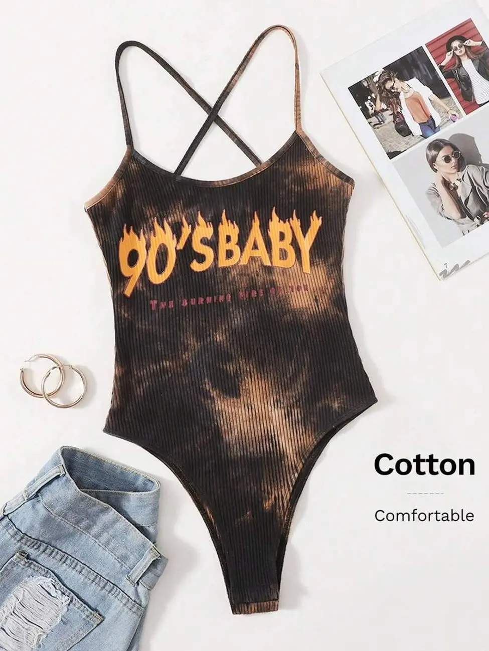 EZwear Letter Graphic Tie Dye Slip Bodysuit