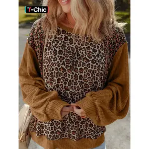 Women’s Leopard Floral Print Ribbed Long Sleeve Patchwork Loose Pullover, Casual Fashion Top, Womenswear