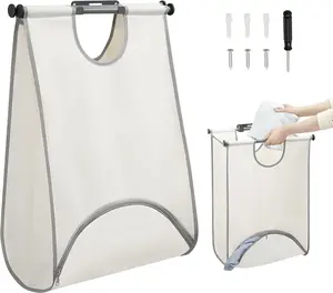Wall Mount Laundry Hamper, Hanging Laundry Bag with Bottom Zipper Opening, Space Saver Dirty Clothes Hamper with Wall Anchor, Laundry Clothes Bin for College, Dorm, RV, White