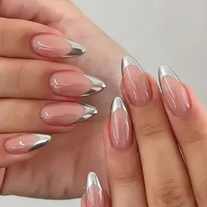 24pcs Almond Press-On Nails, Nude Silver Edge French Fake Nails, Easy to Wear, Perfect for Daily, Party, Commute, Women and Girls, Nail Art Set