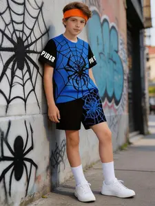 Summer Kids Cool Set, Graphic Print Set, Blue Spider Print Short Sleeve T-Shirt + Shorts, Boys' Casual Loose-Fitting, All over Print