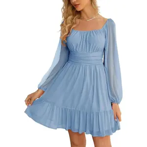 Fisace Women's Mesh Long Sleeve Square Neck Dress High Waist A Line Ruffle Hem Flowy Casual Party Mini Dres