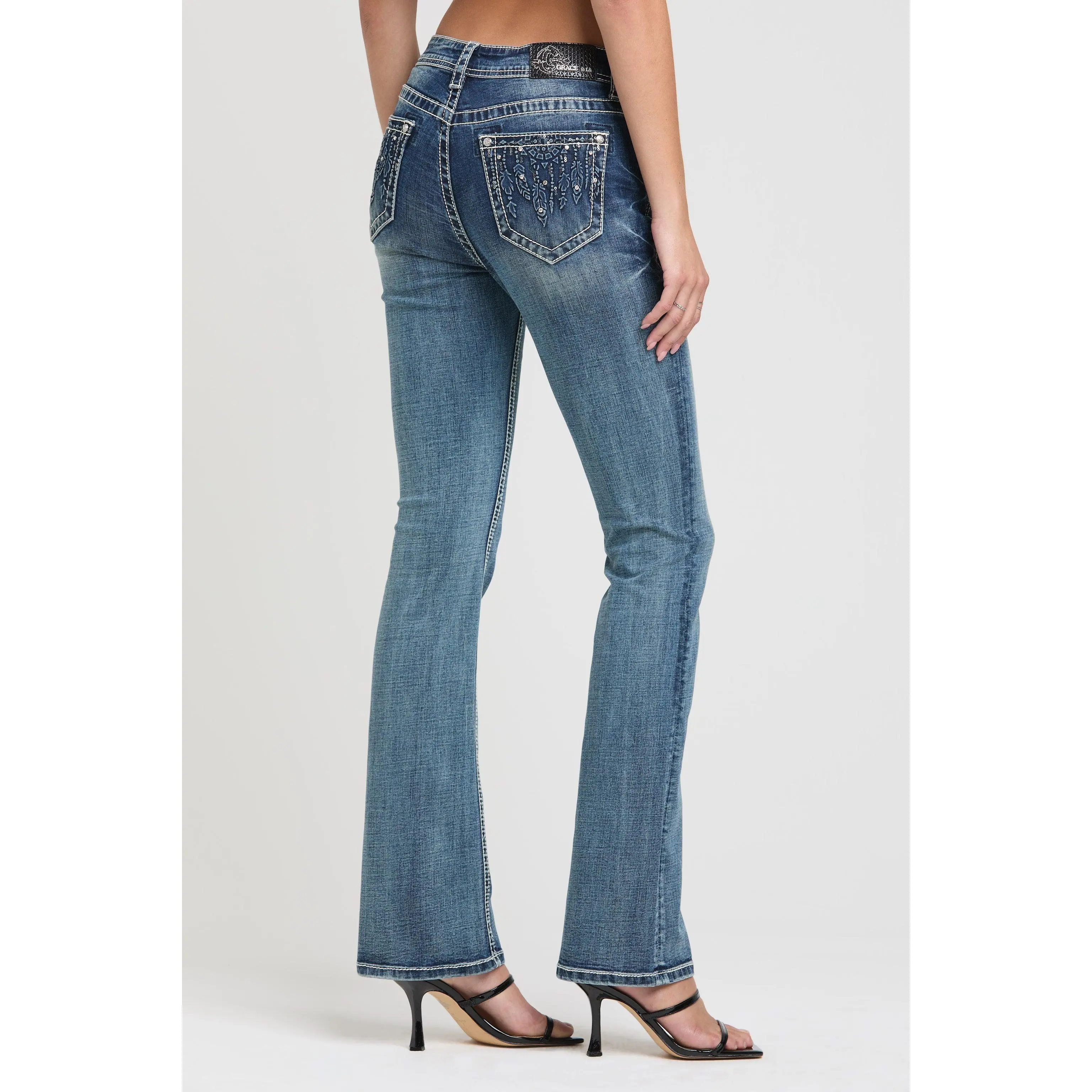 3D Dream Catcher Bootcut Jeans Women Mid Rise Medium Wash Turquoise Rivet Western Denim