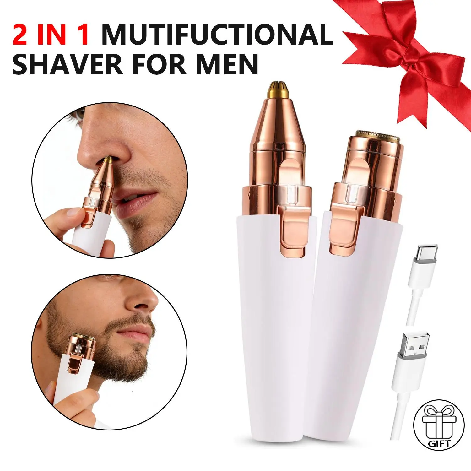Facial Hair Remover for Men, Nose Hair Trimmer Rechargeable 2-1 Eyebrow Razor Portable Electric Shaver Painless Hair, Unisex,Gift Hair Removal Solution