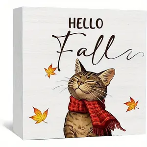 Fall Cat Wooden Box Sign -Hello Fall Autumn animal Decorations Signs for Home Decor, Cat Lover Gifts for Women Men Kids, Thanksgiving Pet Office Kitchen Bedroom Table Shelf Decor, 5x5 inch