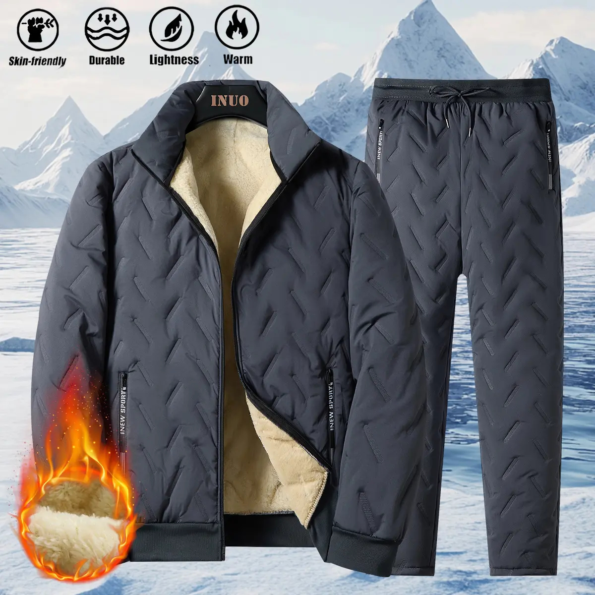 Men’s Casual Sports Suit Set – Autumn & Winter Velvet Lining Polyester Fiber Stand Collar with Pocket, Men’s Solid Zip-Up Thermal Lined Jacket & Drawstring Waist Pants Two-Piece Set Regular Fit Casual Long Sleeve Stand Collar Outerwear