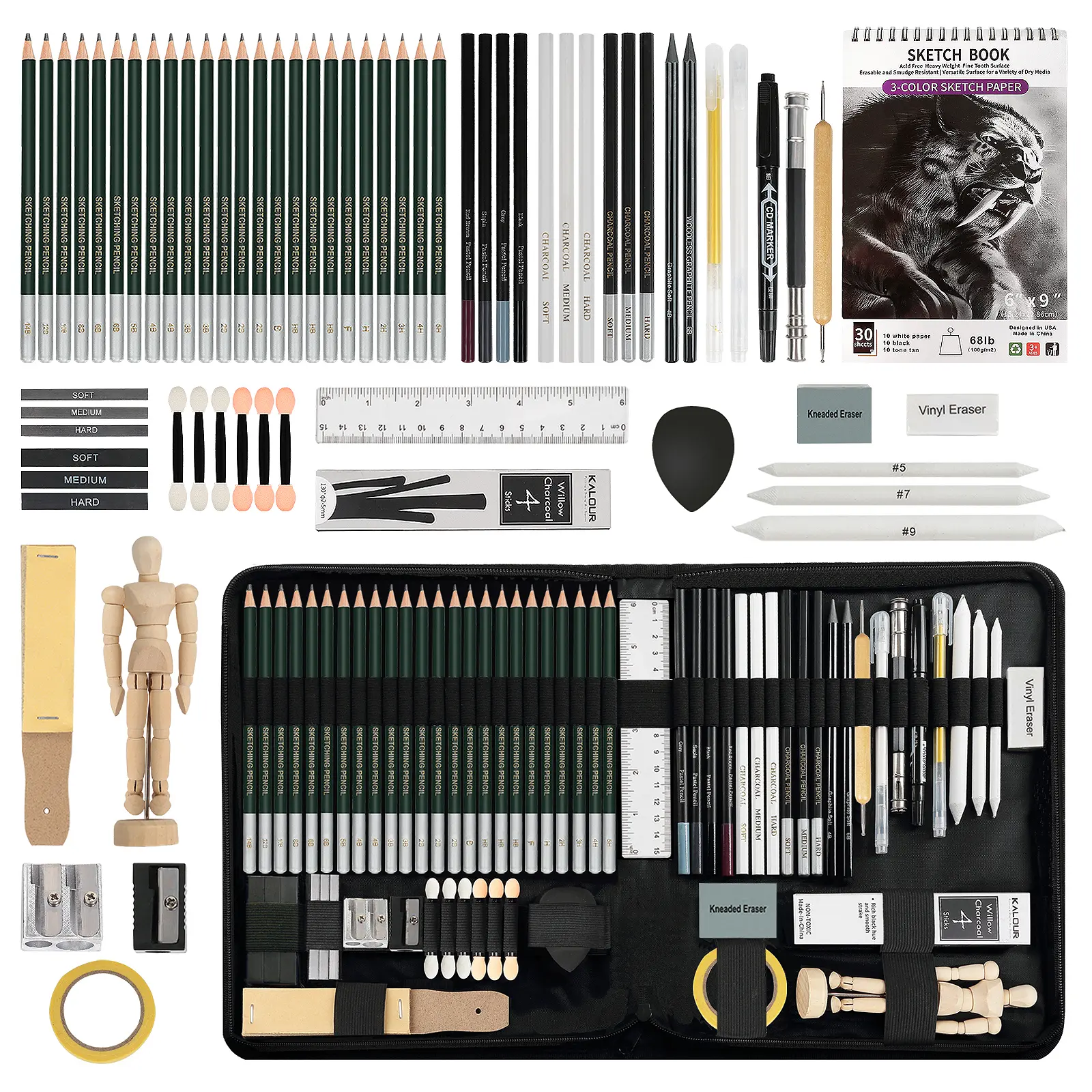 70 Pieces Pro Drawing Kit Sketching Pencils Set,Charcoal Pencils, Sketch Pencils, Charcoal Stick,Sharpener,Eraser.Art Supplies for Professional Artistic Use