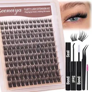Geeneiya Wispy Lash Clusters Kit D Curl Eyelash Clusters Wispy 10-18MM DIY Lash Extension Kit Volume Cluster Eyelash Extensions Kit Individual Lashes with Waterproof Lash Bond and Seal for Beginners