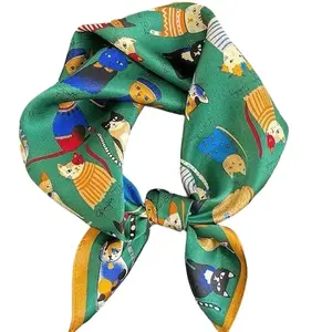 100% Silk Cat Print square Scarf - Soft Fabric with Colorful Cat Designs, Ideal for Casual Wear and Stylish Accessories