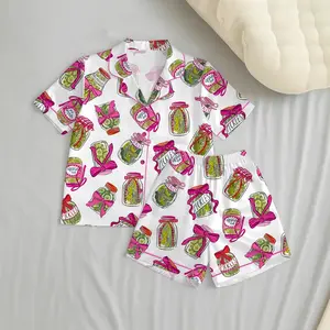 Women’s Pickle Lover Pink Bows Pajama Set, Christmas Sleepwear Gifts Nightwear Pajama Satin Long Pants, Noel Santa Gift For Her