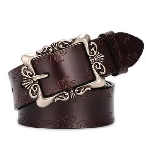 Women's Vintage Belt with Embossed Pin Buckle, Casual Mature Style, Average Size Fashion Belt Removable Western Cowboy Cowgirl