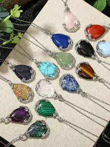1 Piece Hemmed Drop Natural Stone Pendant, Amethyst Lapis Lazuli Jewelry Gift for Men and Women, Boho Style Alloy Chain Necklace