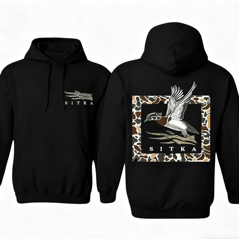 christmas sweatshirt essentialStylish Sitka Hunting Hoodie with Flying Duck in Camo Pattern Perfect for Outdoor Enthusiasts Unisex Hoodie for Men Menswear Apparel Made In The USAcomfort hoodie