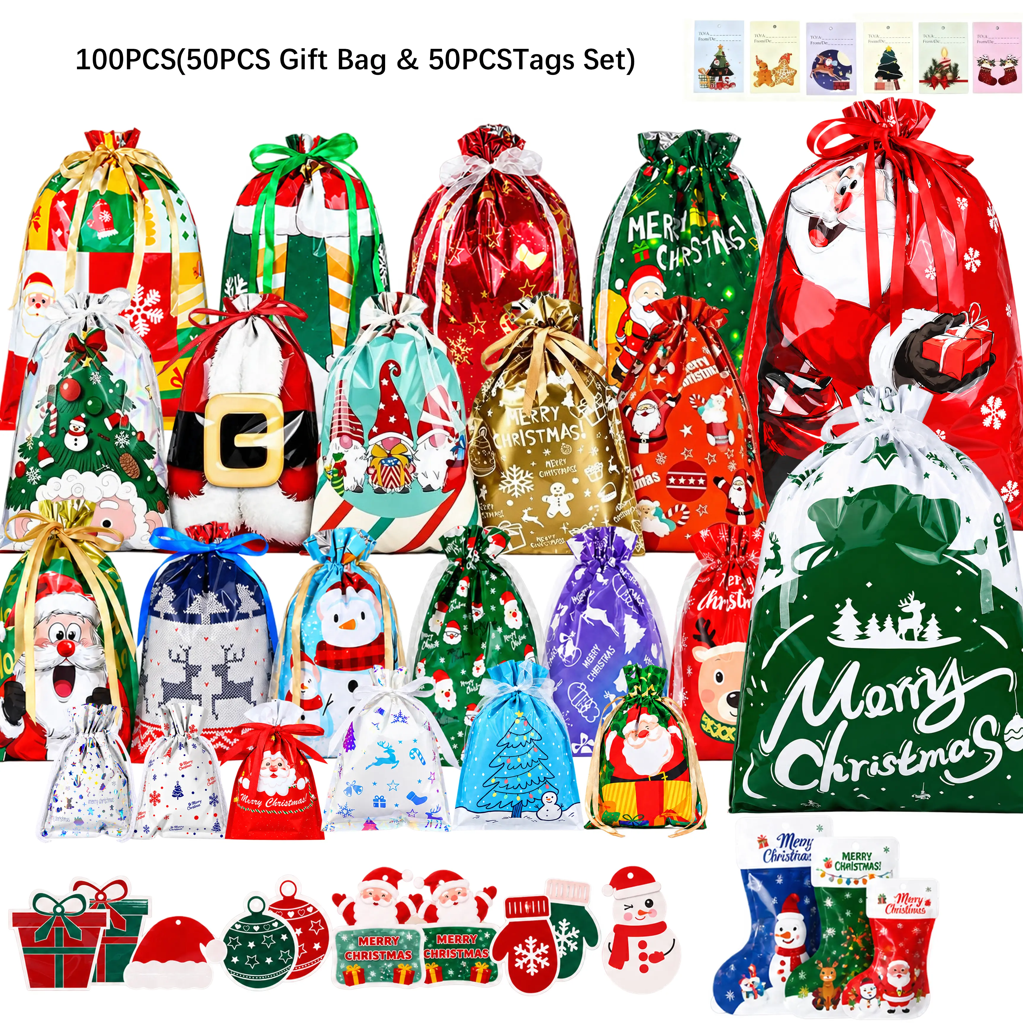 100-Pack Tagged Multicolor Plastic Drawstring Gift Bags with Blank Tags, Multi-Purpose Goodie Candy Party Favor Storage Pouches for Holiday Gift Wrapping, Weddings (Small Presents, Jewelry) sohochic