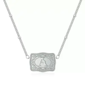 26 English Alphabet Belt Buckle Necklace Embossed Copper Necklace Belt Buckle Shape Necklace Initial Letter Pendant Necklace with Buckle