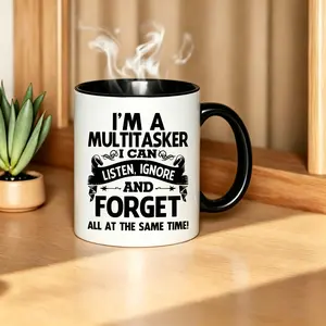 11Oz Black Men’s Ceramic Drink Mug, Washable Kitchenware Drinkware with Bold White Retro 'I'M A MULTITASKER' Design