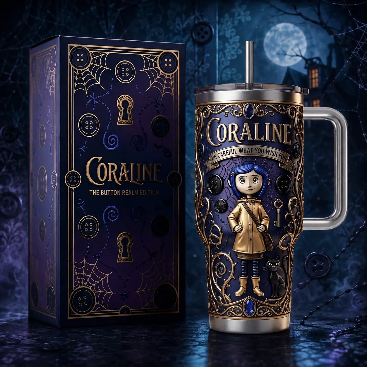 Coraline The Button Realm 40oz Premium Insulated Tumbler, Stainless Steel Double-Wall Vacuum Cup With Lid Straw and Handle, BPA-Free Reusable Travel Mug, Movie Fan Gift for Daily Use, Made in USA