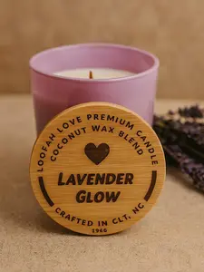 7oz Lavender Glow Scented Glass Jar Candle with Light - Hand-Poured Small Batch, Vanilla Coconut Eucalyptus Aroma, Wooden Wick, ~40 Hrs Burn Time, Home Decor Accessory