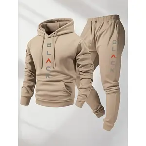 Vintage letter print, men's two-piece set, casual round neck long sleeved hooded sweatshirt and sweatpants set, suitable for winter and autumn, sportswear set