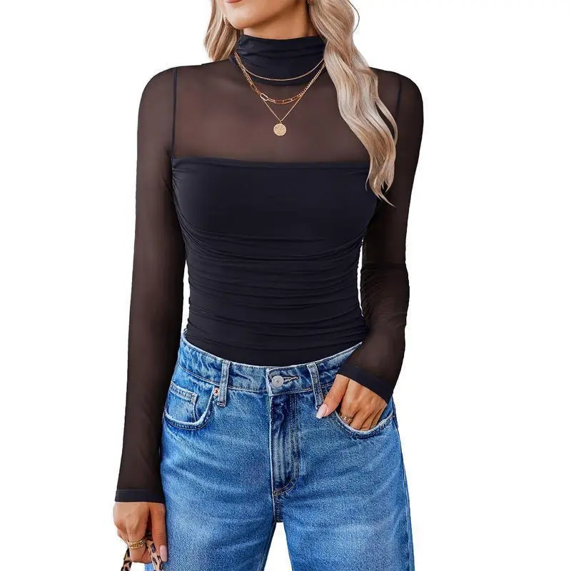 Women's Sexy Contour Bodysuit with Sheer Mesh Long Sleeves - Ruched Turtleneck Body Sculpting Leotard Top for Evening Wear & Trendy Outfits, Lady, Longsleeves