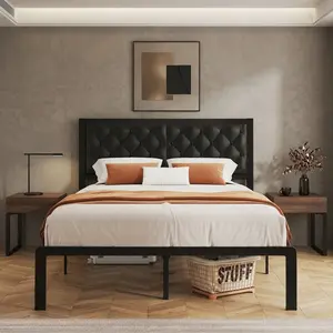 Twin/Full/Queen Size Metal Platform Bed Frame, Tufted Headboard Design, All Metal Support System, Under-Bed Storage Space, Noise-Free Structure, No Box Spring Needed, Easy Assembly Modern Bedroom Furniture