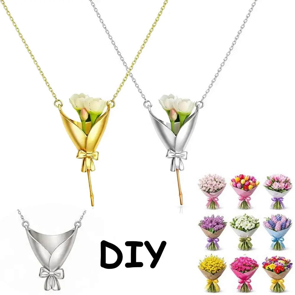 DIY Flower Bouquet Pendant Necklace, 3D Retro Tulip Bow Holder, Personalized Handmade Jewelry for Women in Gold or Silver Tone, Personalized Jewelry