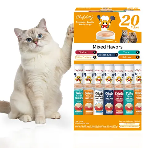 CHEF KITTY Lickable Cat Treats, Grain-Free High-Protein Cat Food Toppers, Natural Healthy Creamy Puree Squeeze Ups with Vitamin E & Taurine, Digestible Formula, 0.5 oz Each Tube, Mixed Variety Pack, 20 Tubes