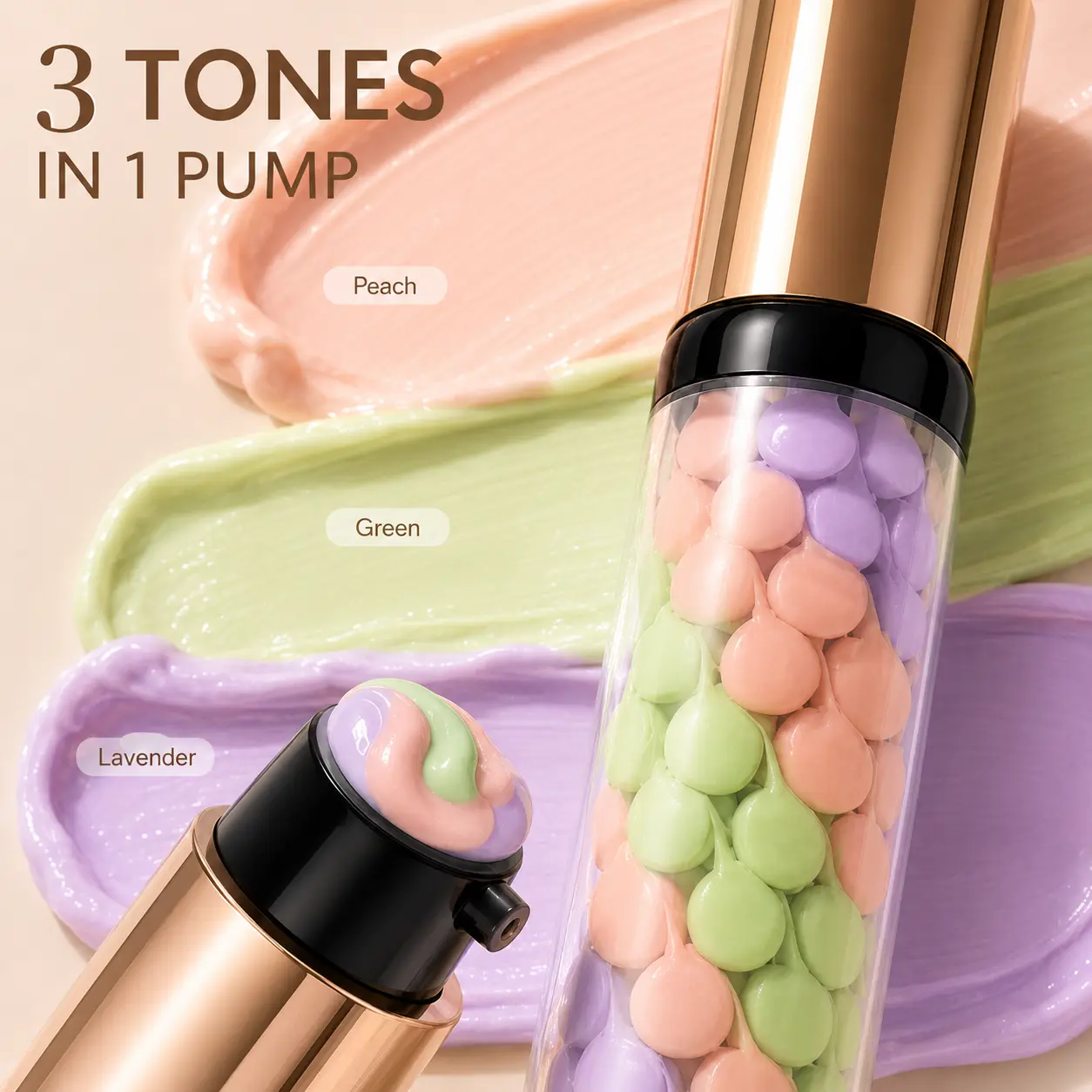 Three-Color Color Correcting Face Primer, Lightweight Makeup Base with Peach, Green and Lavender Tones, Smooth-Finish Pump Primer, 40 g
