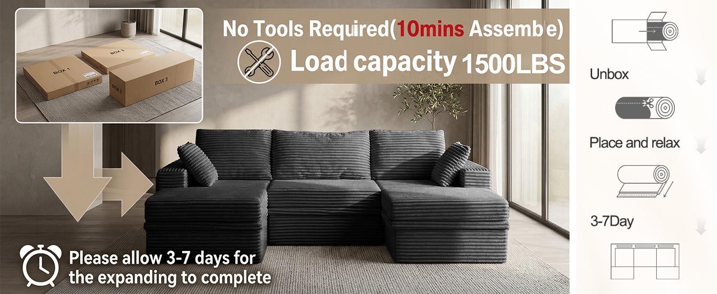 【3 Packages Shipping】NABUMI 107" Modular Sectional Sofa with Storage, Oversized U-Shaped Cloud Couch with Ottoman, 27" Deep Seat Memory Foam Corduroy 5-Seater Couches, Free Combination, Tool-Free Assembly, Black, Beige, Dark Gray, Green