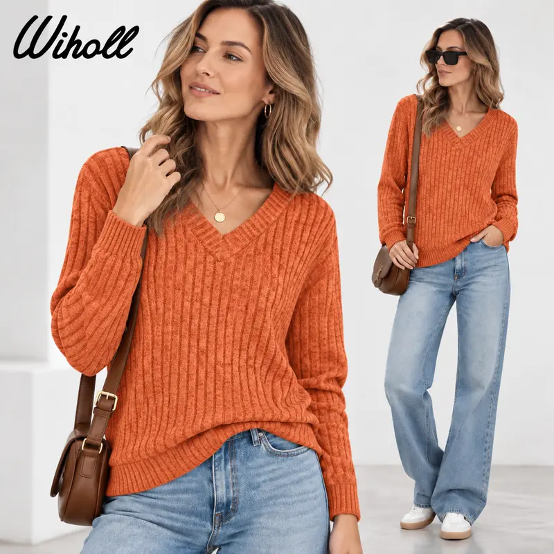 【Halloween】Wiholl Women's Casual Long Sleeve V-Neck Knit Tunic Top - Lightweight Doesn’t Wrinkle When Washed Autumn Oversized Loose Fit Knitwear for Layering, Basic Work Wear, Long Sleeve Tops, Lightweight Knit Apparel