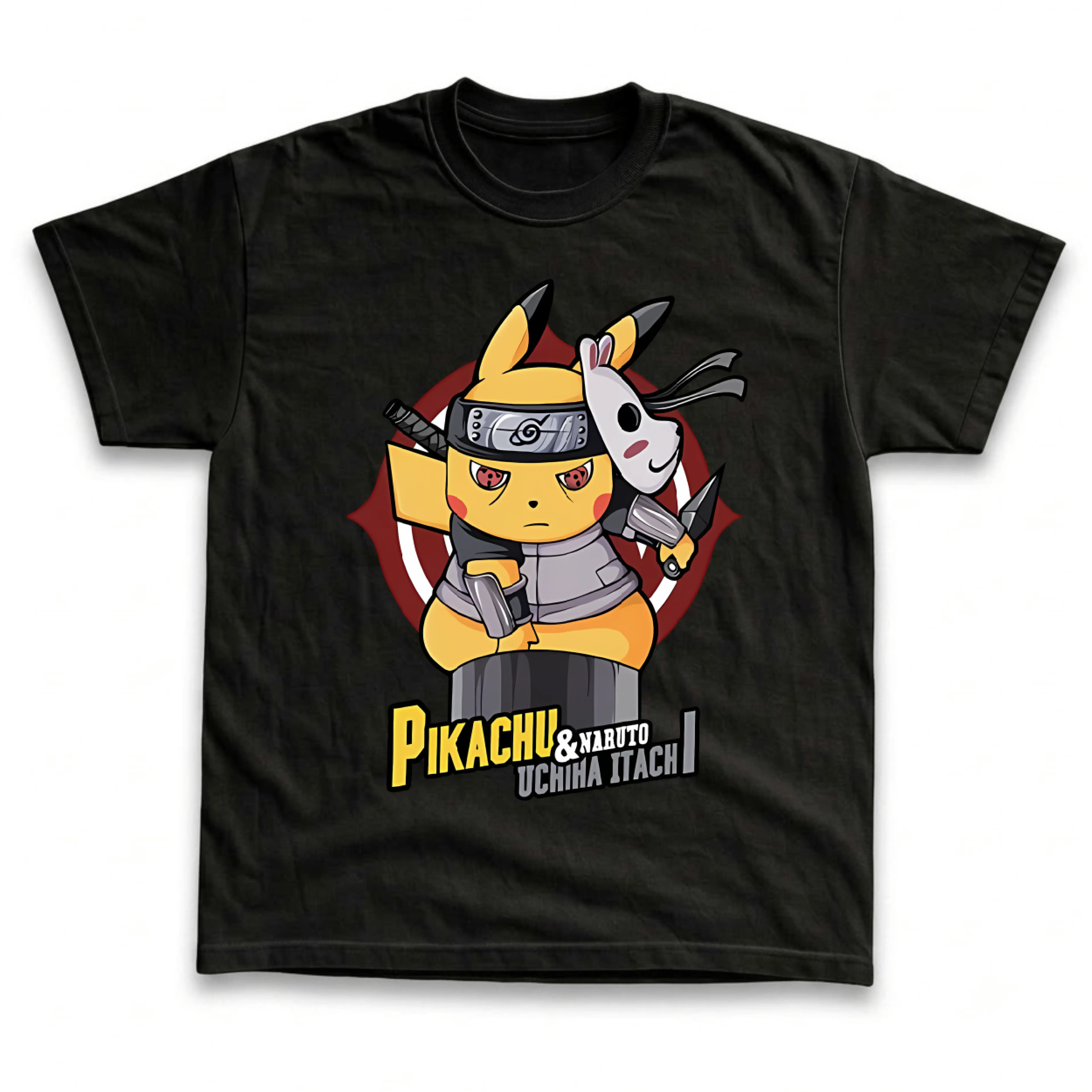 Men's and Women's T-Shirts, Vintage Yellow Electric Mouse Red Eye Ninja Graphic Tee, Funny Anime Ninja Warrior Parody, Retro Harajuku Streetwear Unisex Tee, Trendy Casual Crewneck Top, Cool Japanese Cartoon Clothing, Unique Gamer Otaku Gift Idea