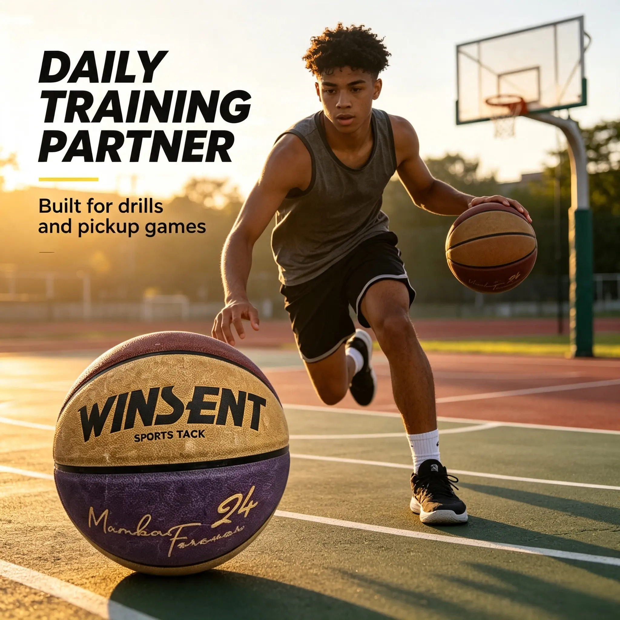 WINSENT Retro Purple Gold 24 Signature Basketball, Size 7 Durable Ball for Indoor & Outdoor Street Training Courts