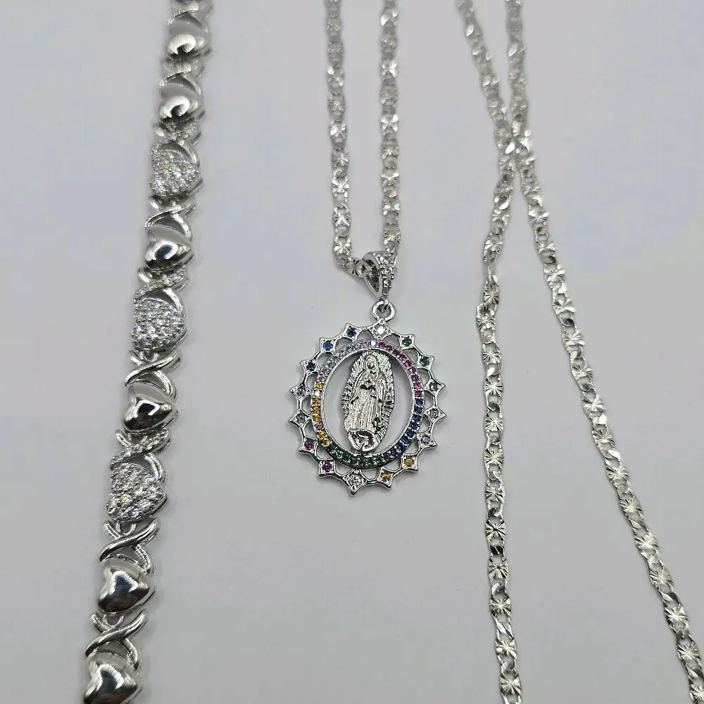 VIRGIN MARY religious set necklace 24"inches with heart's bracelet GOLD-PLATED stainless steel color