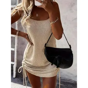 Women's Solid Drawstring Ruched Sweater Dress, Casual Backless Knit Cami Dress, Summer Dresses, Dresses for Women, Sundress Maxi Dress, Slip Dress, Ladies Clothes for Beach Holiday, Non Dress