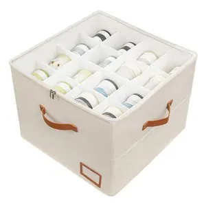Fabric Drawer Organizer for Closet Organization, 32-Pair Capacity Closet Shoe Organizer Pack with Adjustable Dividers, Square Dustproof Fabric Bins, See-Through Covers and Beige Compartment Racks Shelf