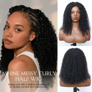 [Ashine]  #1B Messy Curly Half Wig 180% Density Must-Have style Glueless Human Hair Quick Weave Seamless Blend Realistic Hairline