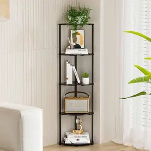 5-Tier Corner Shelf, Waterproof Black Bathroom Storage Rack and Organizer, Plant Display Rack for Living Room Decoration, Plastic Lightweight Corner Bookshelf Organizer for Office Apartment Small Space