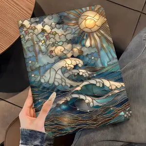 Vintage Color Glass Wave and Sun iPad Book Style Case for iPad Pro Air Mini, Shockproof Full Protection Shell with Pencil Slot, Ideal for Office Home Gift