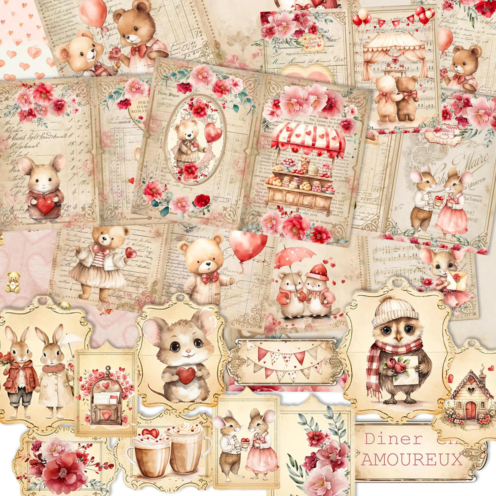 Cartoon & Flower Pattern Paper Set, 62pcs/set Including 12pcs Cute Scrapbooking & Journal Making Material Paper & 50pcs, DIY Crafts, Scrapbook Materials