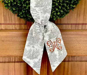 personalized gray toile wreath sash for front door, custom grandmillenial porch decor, wedding & bridal shower ideas, elegant new home gift