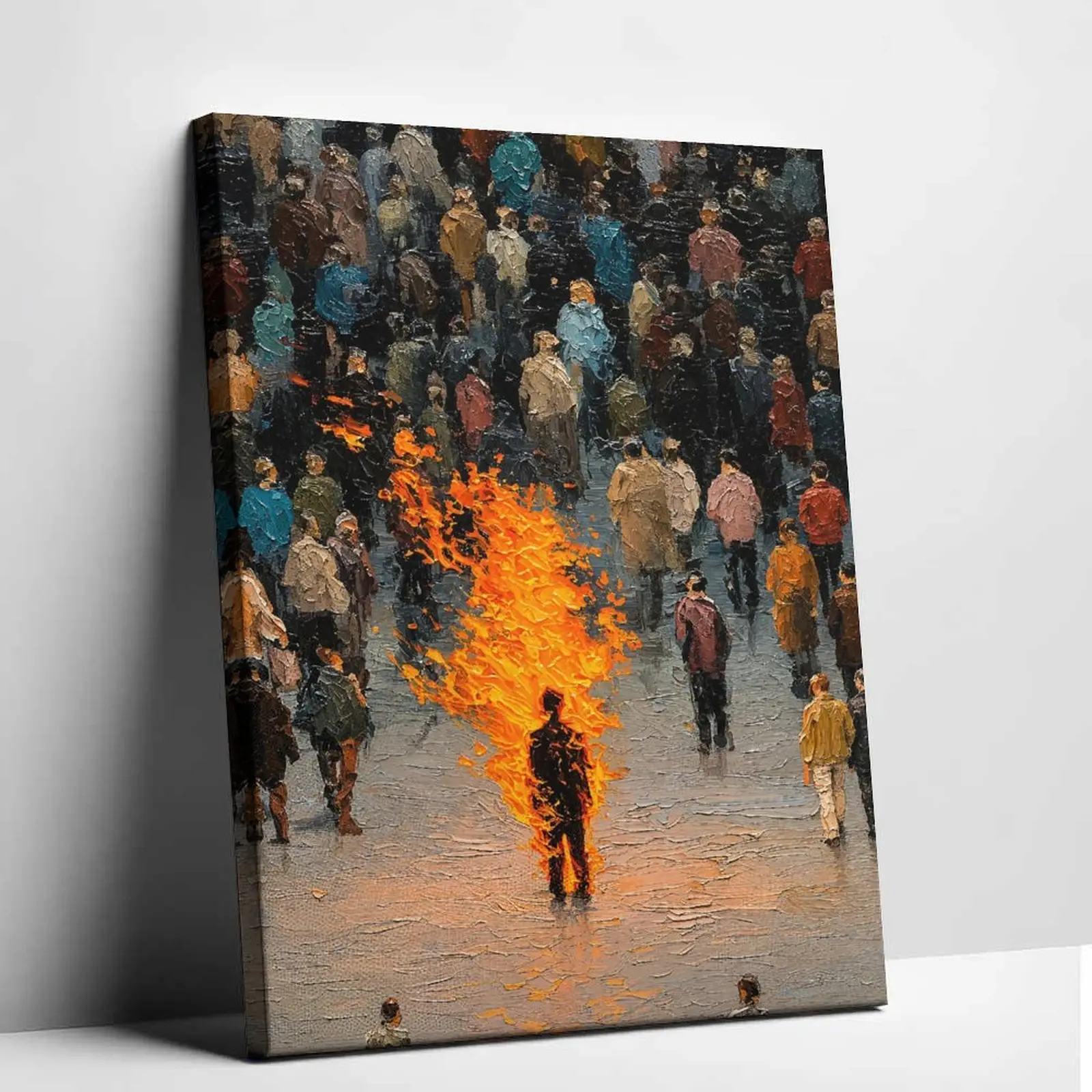 Burning Man Crowd Canvas Wall Art Print - Artistic Impasto Oil Painting, Abstract Contemporary Decor for Living Room, Bedroom