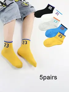 5 Pairs Boys' Spring Autumn Cartoon Number Pattern Knit Socks, Comfortable Breathable Soft Round Neck, Outdoor Wear, Casual Soft Socks