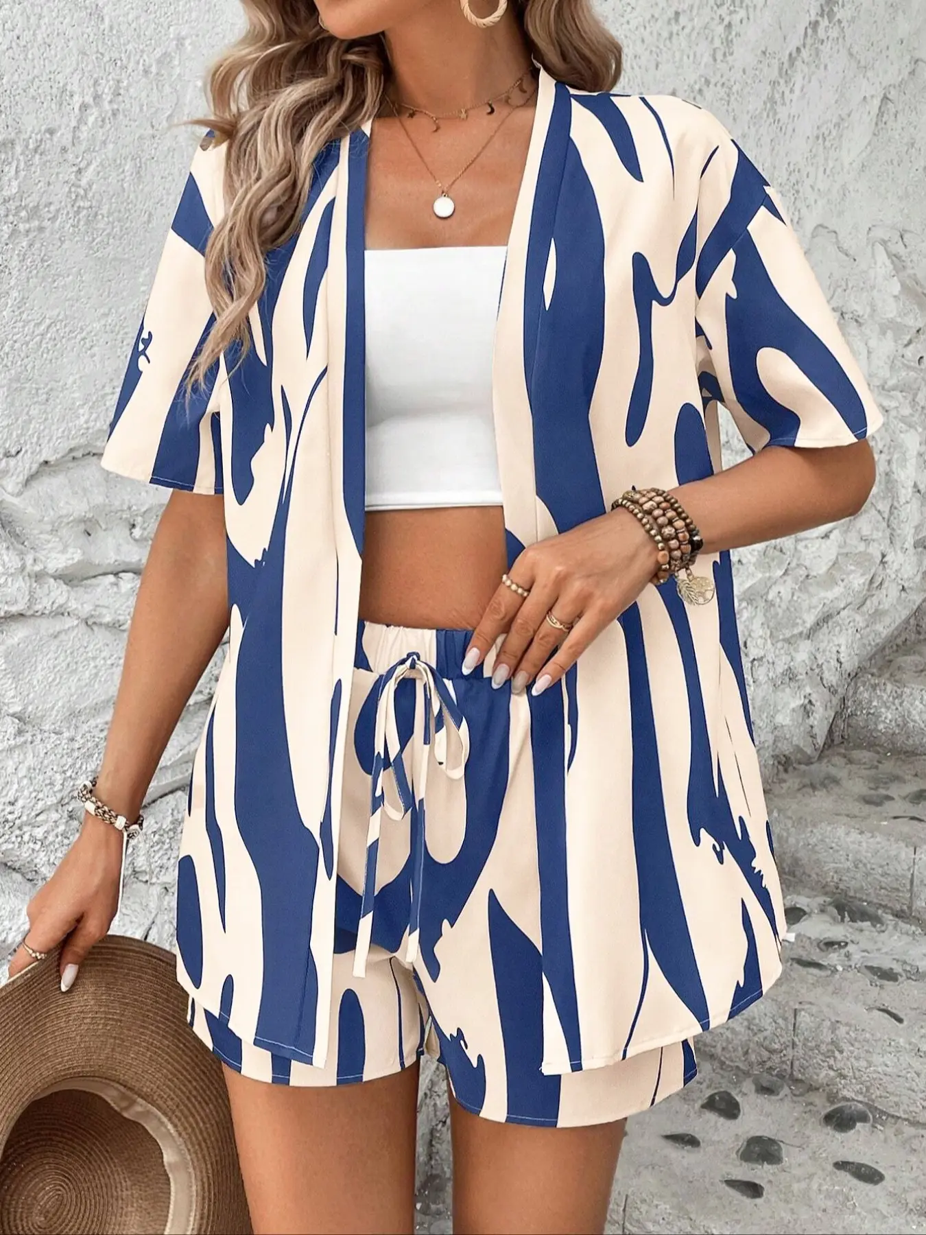 Women's Colorblock Asymmetrical Print Fitted Woven Cardigan & Shorts Set, Fashionable Summer Resort Set, Buttonless Design, Comfortable Casual Wear, Outfits, Lightweight